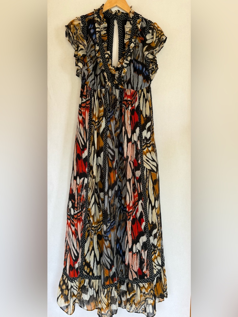 Boho Printed Ruffle V-Neck Maxi Dress in Black, Rust & Cream